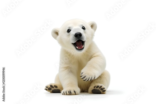 Playful Polar Bear Cub with Surprised Expression on White