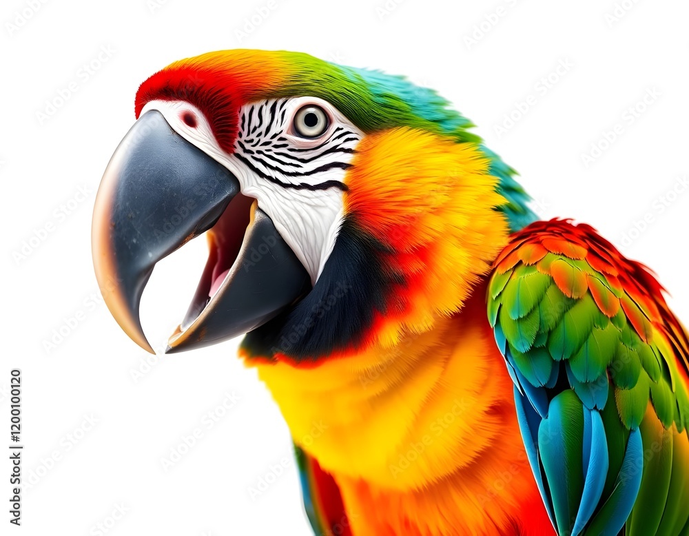 Fototapeta premium Astonished Colorful Macaw with Beak Open, Isolated on White Background