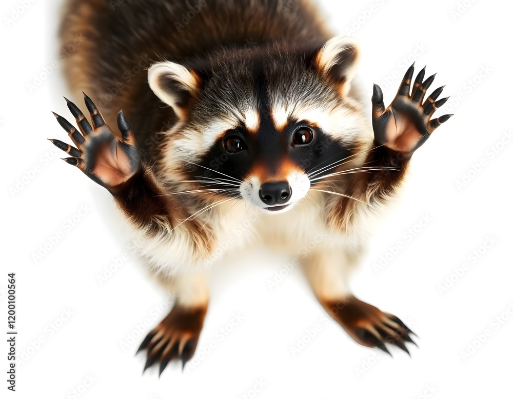 Obraz premium Wide-Eyed Raccoon with Raised Paws in Startled Pose, Isolated on White