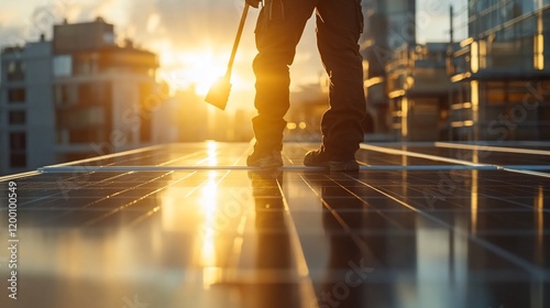 Wallpaper Mural Worker standing on solar panels at sunset. Torontodigital.ca