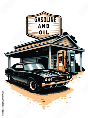 A vintage gas station scene with a classic car parked out front. The station has a retro sign and pumps, and the car is gleaming in the afternoon sun.