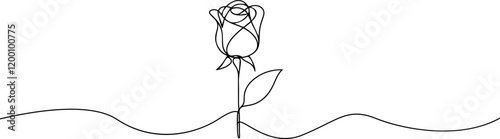 Rose one line drawing. Abstract flower continuous line. Minimalist contour drawing of rose . Continuous line drawing of flower rose . Hand drawn sketch of flower with leaves.
