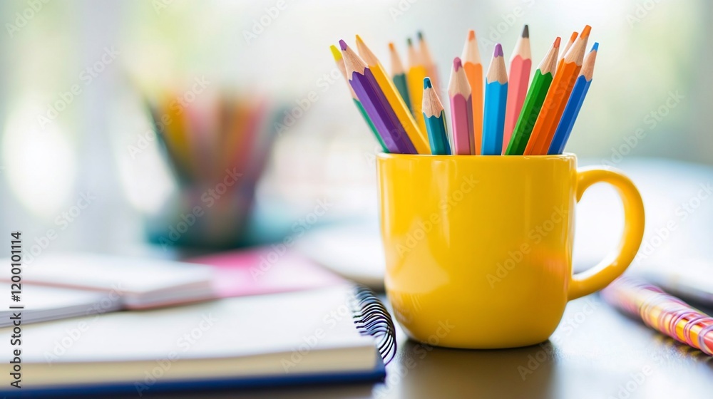 Fototapeta premium Colorful pencils in yellow mug on desk with notebook.