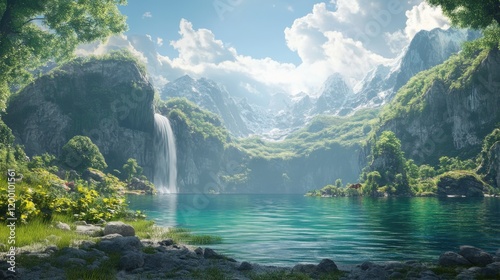 Serene mountain lake with waterfall
