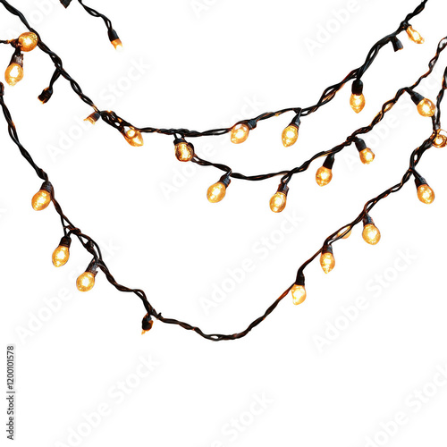 Glowing fairy light chains Christmas isolated on transparent background.
