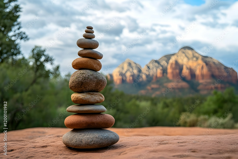 Balanced stack of stones on rocks with mountain views in the background Balanced stack of stones on rocks with mountain views in the background
