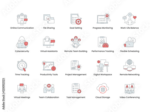 Comprehensive Remote Work and Productivity icon set. Features icons for Online Communication, Goal Setting, Time Tracking, and Cybersecurity. Vector icon set