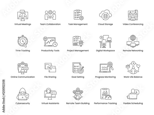 Remote Work Essentials icon set. Includes Virtual Meetings, Team Collaboration, Task Management, Cloud Storage, and Productivity Tools. Vector icon set.