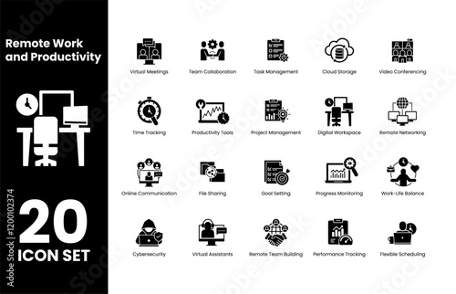 Remote Work and Productivity icon set. Virtual Meetings, Team Collaboration, Task Management, and Productivity Tools. Vector illustration. 