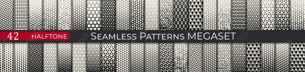 This seamless halftone pattern set includes 42 geometric black-and-white designs, ideal for modern and retro projects.