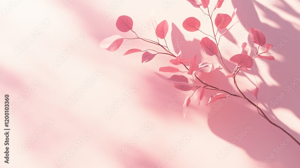 Pink branch with leaves casting shadows on a pink background. Pink branch with leaves casting shadows on a pink background.