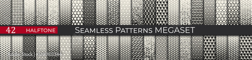 This seamless halftone pattern set includes 42 geometric black-and-white designs, ideal for modern and retro projects.