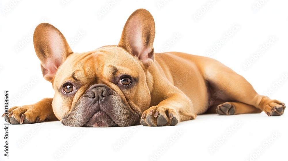 Adorable fawn French Bulldog lying down on white background. Adorable fawn French Bulldog lying down on white background.