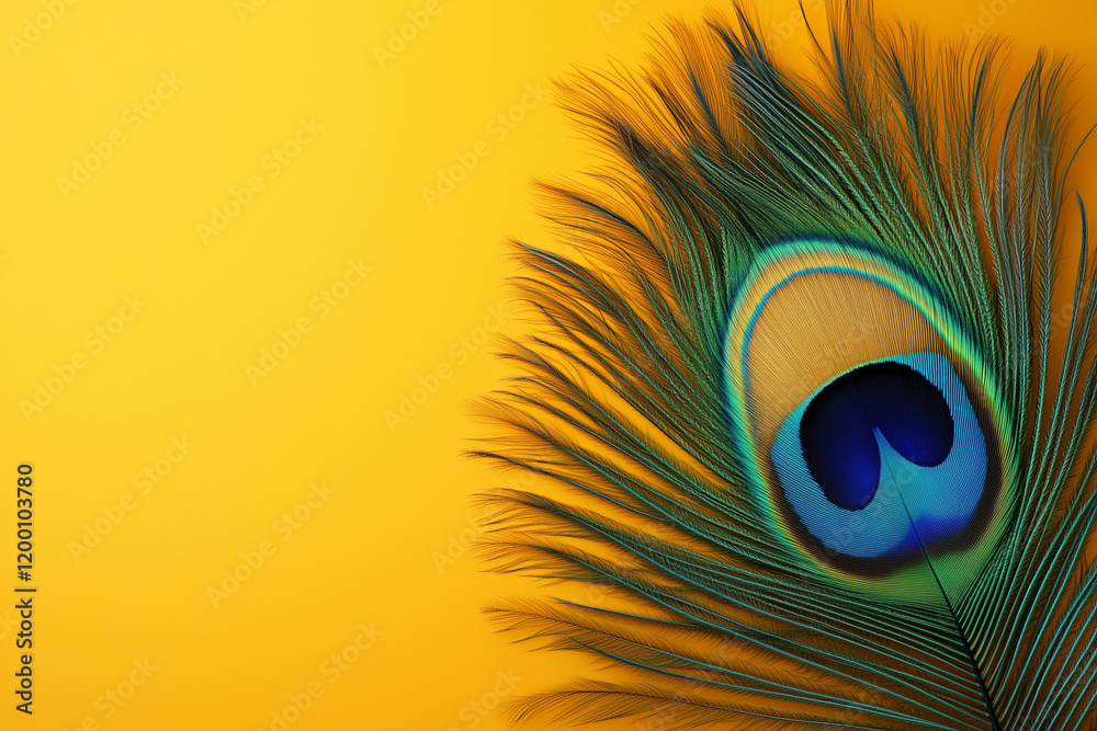 Obraz premium Peacock Feather Fan for Vasant Panchami Celebration on a Bright Yellow Background