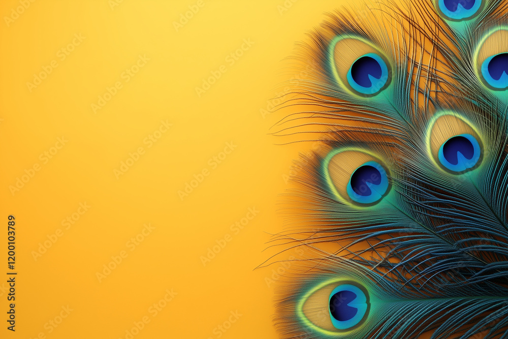 Obraz premium Peacock Feather Fan for Vasant Panchami Celebration on a Bright Yellow Background