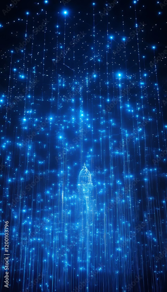 Abstract Digital Rain of Binary Code with Glowing Blue Particles, Representing Data Flow and Network Abstract Digital Rain of Binary Code with Glowing Blue Particles, Representing Data Flow and Network