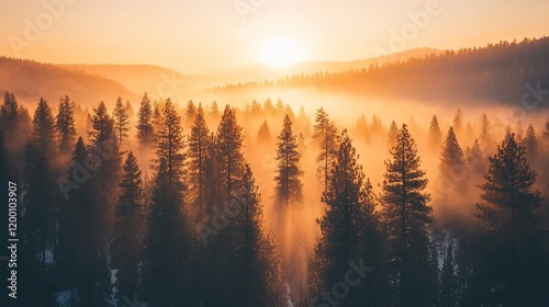 Misty sunrise over a dense coniferous forest.