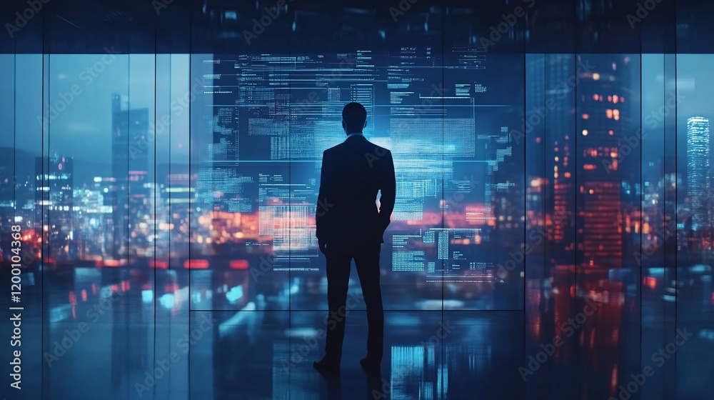 Man in suit viewing city night skyline and digital data on a large window. Man in suit viewing city night skyline and digital data on a large window.