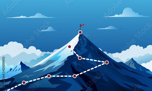 Mountain with a red flag on top and cloud. Path progress to peak of mountain.