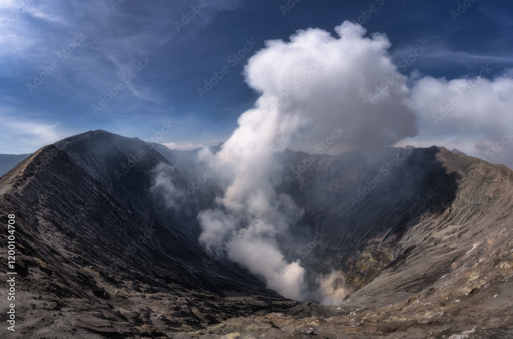 A breathtaking and stunning view of a Bromo volcanos majestic crater reveals smoke gracefully rising, showcasing the raw, untamed, and incredible power of nature itself, East Java, Indonesia A breathtaking and stunning view of a Bromo volcanos majestic crater reveals smoke gracefully rising, showcasing the raw, untamed, and incredible power of nature itself, East Java, Indonesia