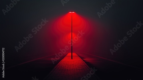 Isolated Foggy Pathway with Single Red Streetlight Casting an Intense Glow in a Dark and Mysterious Atmosphere