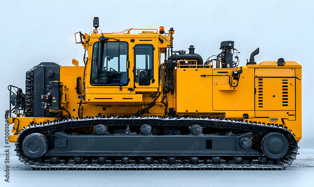 Obraz premium Yellow tracked vehicle, snowy field, winter