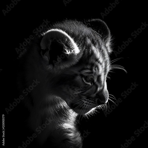 Dramatic black and white portrait of a young lynx kitten.