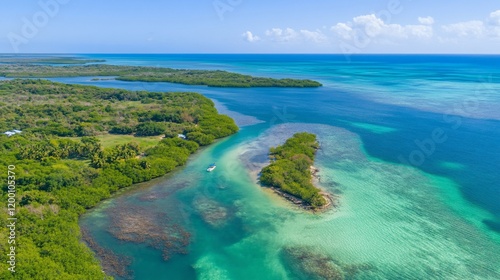 Aerial view of a tropical island with turquoise water, lush green vegetation, and a small boat.