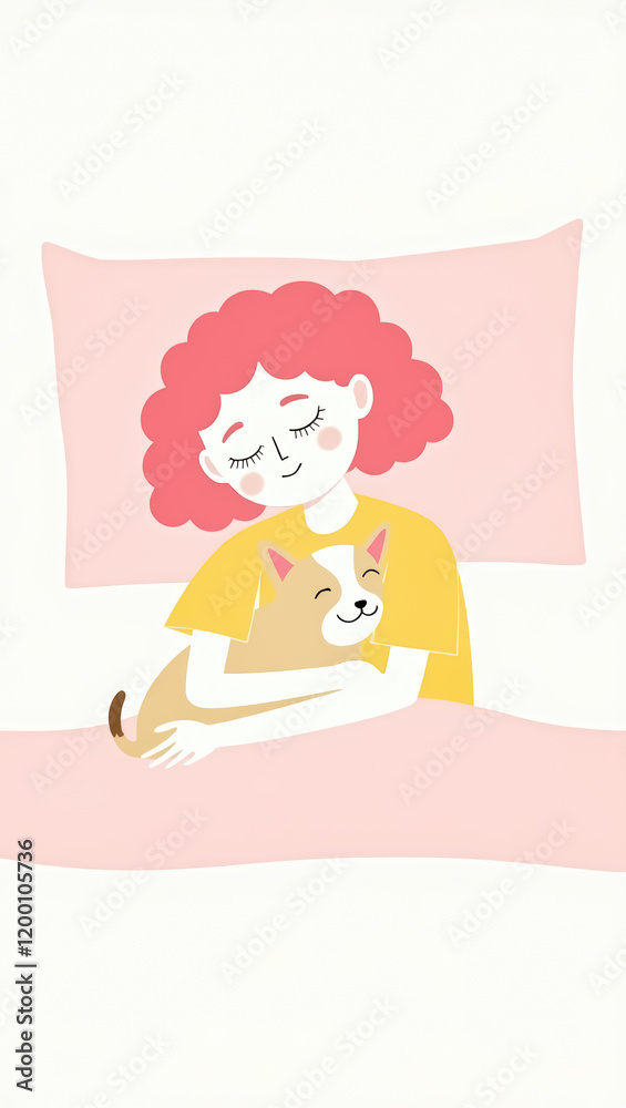 girl with curly red hair sleeps peacefully in a pink bed hugging her dog girl with curly red hair sleeps peacefully in a pink bed hugging her dog