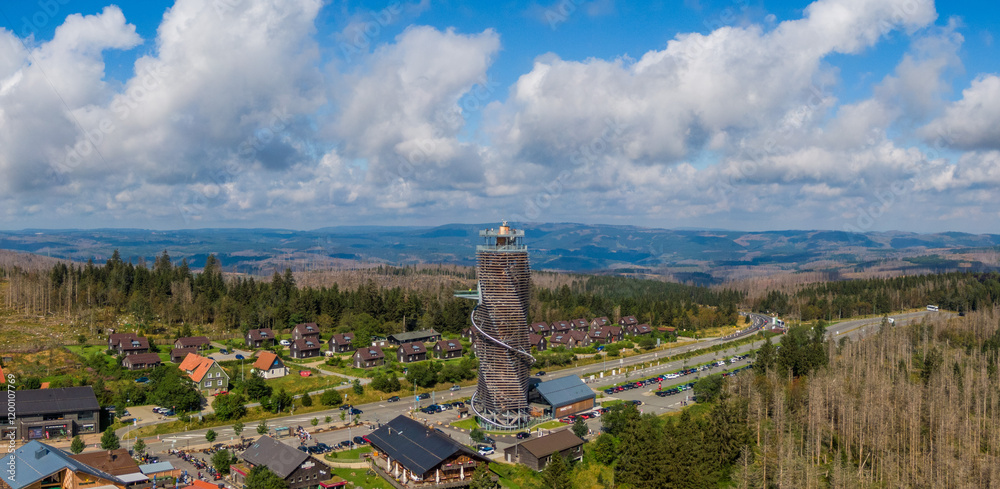Aerial view of Harzturm, observation tower in Torfhaus in the Harz Mountains, Germany