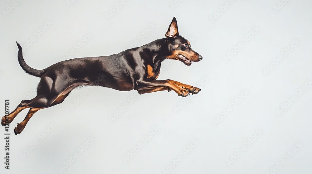 A brown Doberman Pinscher dog leaps dynamically against a clean white backdrop. A brown Doberman Pinscher dog leaps dynamically against a clean white backdrop.