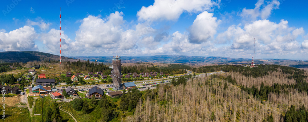 Aerial view of Harzturm, observation tower in Torfhaus in the Harz Mountains, Germany