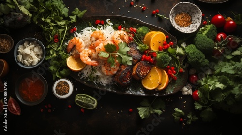 A delicious plate of grilled meat and vegetables with rice, fried peppers, onions, and seafood, served as a healthy and flavorful meal photo