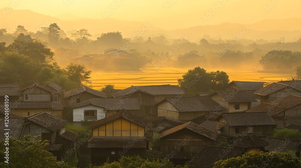 Golden sunrise over a misty village with traditional houses and rice paddies. Golden sunrise over a misty village with traditional houses and rice paddies.