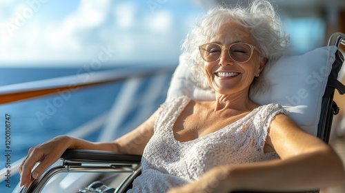 Senior woman relaxes on cruise ship deck under bright sunlight near the ocean