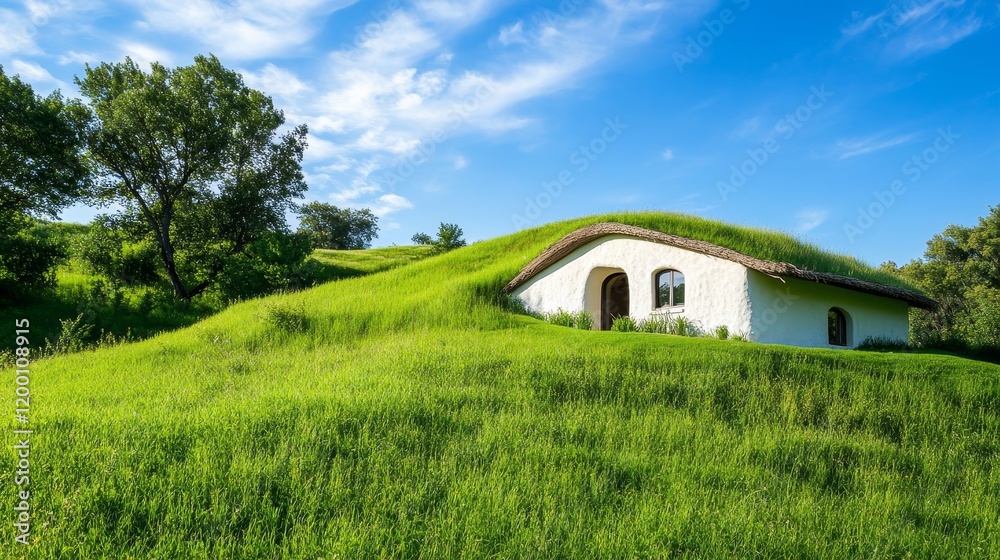 Obraz premium Green Roof House in Meadow - A charming white house with a vibrant green roof nestled in a lush green meadow under a bright blue sky.