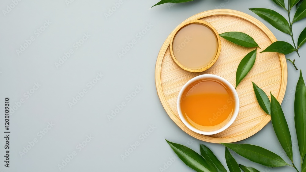 A serene arrangement featuring two bowls of tea on a bamboo plate, surrounded by green leaves against a soft gray backdrop. A serene arrangement featuring two bowls of tea on a bamboo plate, surrounded by green leaves against a soft gray backdrop.