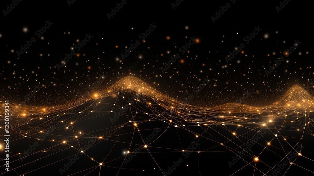 © Alena - Abstract glowing golden wave with floating light particles, dynamic lines, and grids on a black background, concept of energy flow © Alena - Abstract glowing golden wave with floating light particles, dynamic lines, and grids on a black background, concept of energy flow