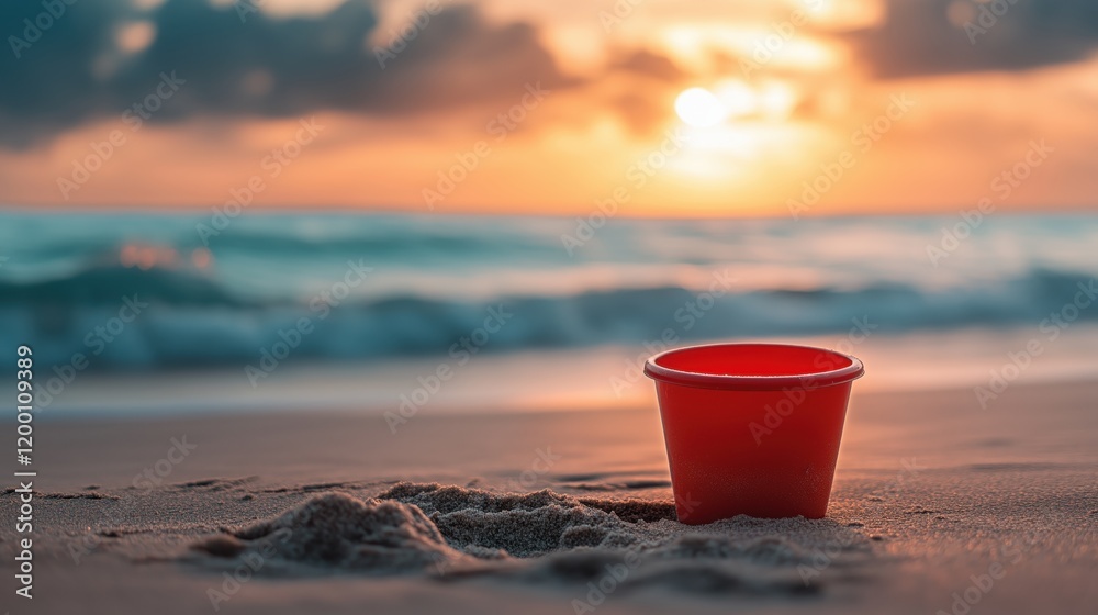 Red bucket on the beach at sunset with gentle waves creating a calm atmosphere Red bucket on the beach at sunset with gentle waves creating a calm atmosphere