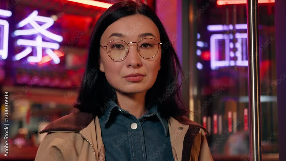 Portrait serious calm thoughtful Asian Japanese woman female tourist Chinese Korean pensive client lady girl in eyeglasses looking at camera travelling outdoors city street neon signboard store shop Portrait serious calm thoughtful Asian Japanese woman female tourist Chinese Korean pensive client lady girl in eyeglasses looking at camera travelling outdoors city street neon signboard store shop