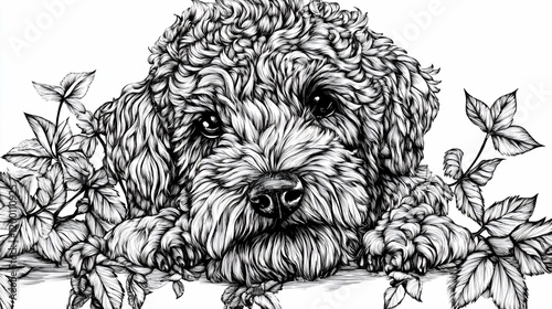 Wallpaper Mural Monochrome illustration of a fluffy dog amidst foliage. Torontodigital.ca