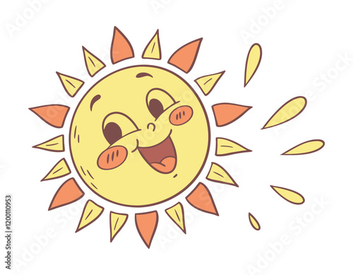 happy sun character with expressive eyes and a wide smile, featuring playful rays and a whimsical design, ideal for bright and joyful artwork or educational materials for kids