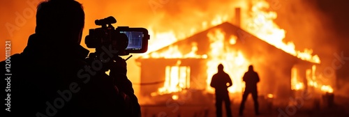 News Crew Filming House Fire - A news crew films a devastating house fire at night.  The scene is dramatic, highlighting destruction, urgency, and the media's role in reporting emergencies.  The image photo