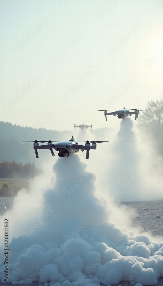 Fototapeta premium Drones launch above a cloud of fog, showcasing advanced technology in aerial operations, suitable for fire control and environmental monitoring.