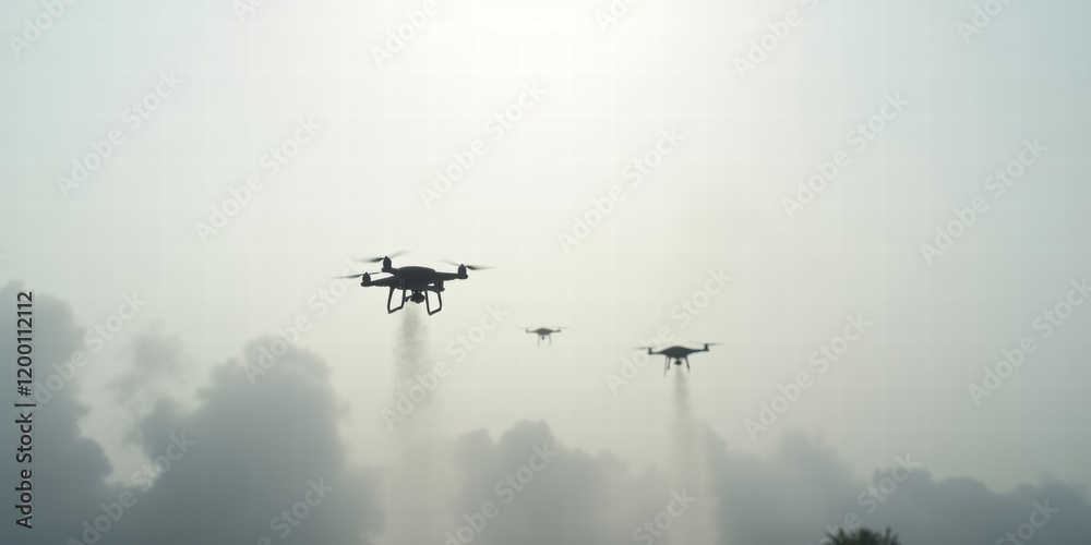 Fototapeta premium A trio of drones flying through a misty sky, showcasing advanced technology in aerial surveillance and agriculture. Ideal for tech, agriculture, and environmental projects.