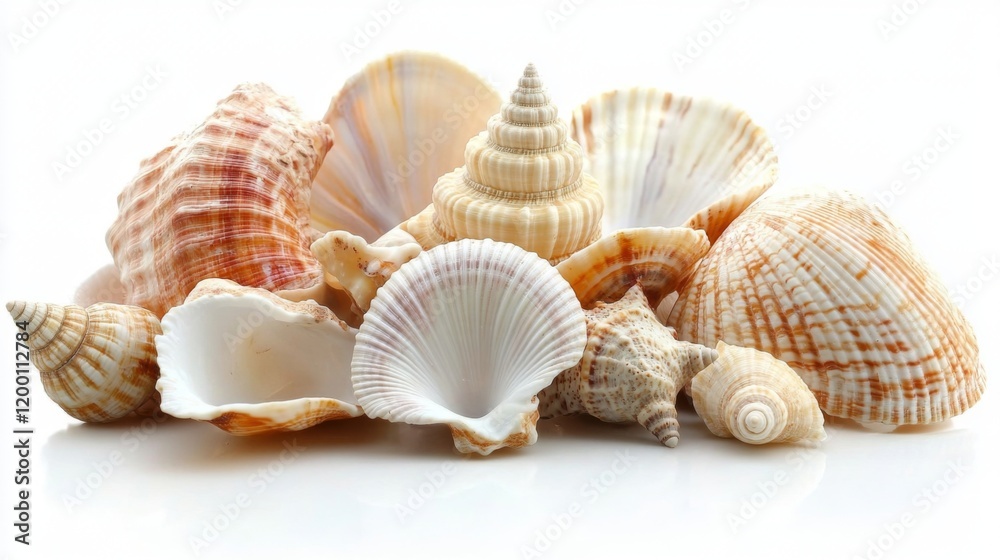 Seashells on White Background: Collection of Ocean Treasures Seashells on White Background: Collection of Ocean Treasures