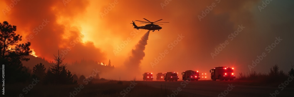 A dramatic scene of a helicopter battling a raging wildfire with fire trucks in the foreground, illustrating the urgent response to natural disasters. A dramatic scene of a helicopter battling a raging wildfire with fire trucks in the foreground, illustrating the urgent response to natural disasters.
