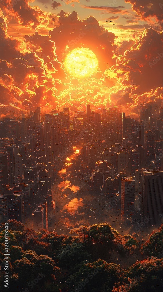 A fiery sunset illuminates a dense cityscape. Embers drift down onto a forest in the foreground. Perfect for apocalyptic or fantasy settings. A fiery sunset illuminates a dense cityscape. Embers drift down onto a forest in the foreground. Perfect for apocalyptic or fantasy settings.