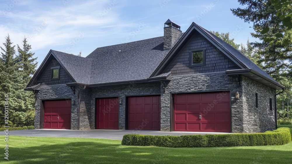 A bold 3-car garage with deep red steel doors, dark gray stone walls, and a black shingle roof A bold 3-car garage with deep red steel doors, dark gray stone walls, and a black shingle roof