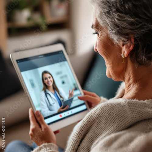 A senior woman smiles while participating in a virtual medical consultation on a tablet. The scene captures a cozy home environment, showcasing the convenience of telehealth services
